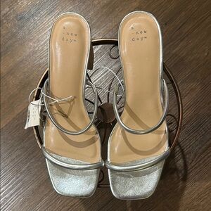 A New Day Silver Sandals Size 11 Faux Wood Heel Rubber Outsole Foam Inner Sole
